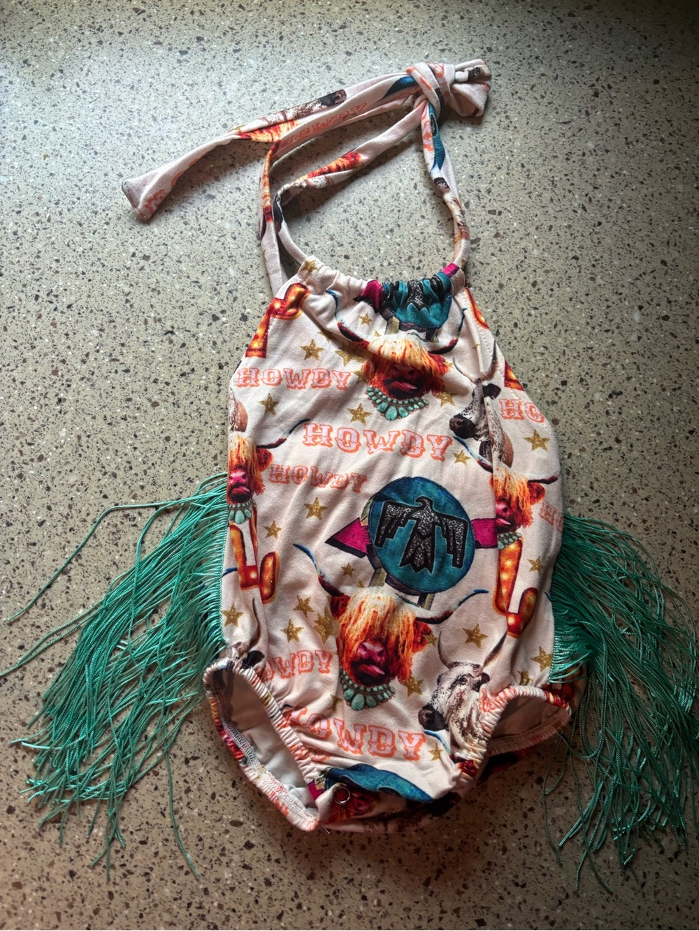 Baby Halter One-Piece romper in Pink with Teal Fringe